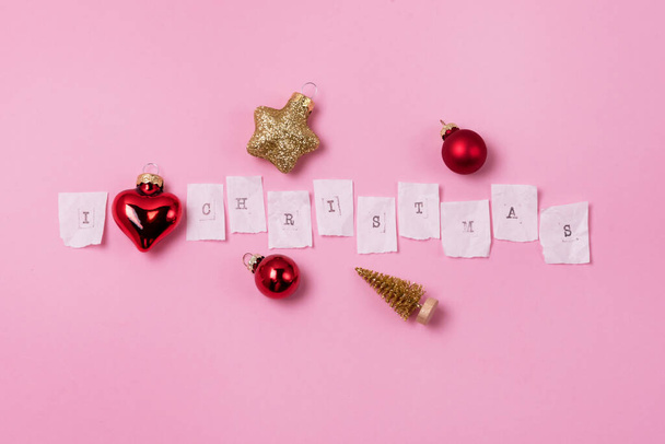 Pink Background Holiday Card Inscription I love Christmas Red Ornament Horizontal - Фото, изображение