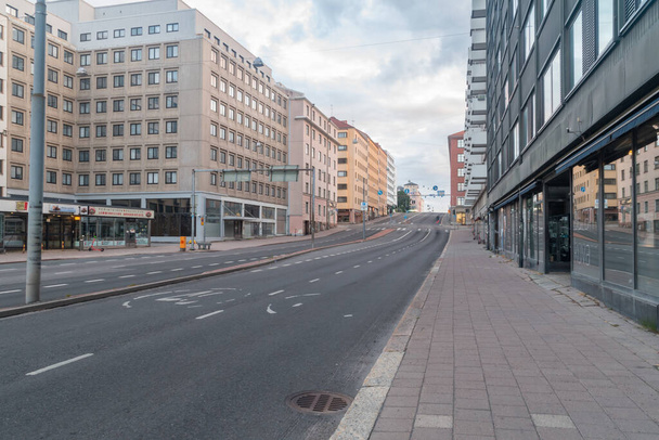 Turku, Finland - August 5, 2021: Empty street in Turku in the morning. - Zdjęcie, obraz