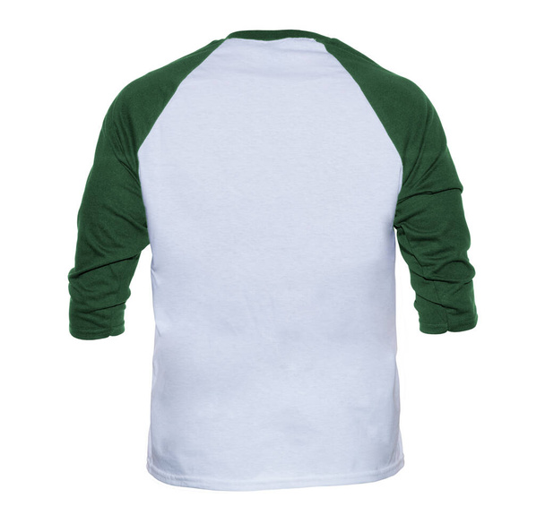 Prázdný rukáv Raglan tričko maketa se šablony barva bílá / zelená pohled zpět na bílém pozadí - Fotografie, Obrázek