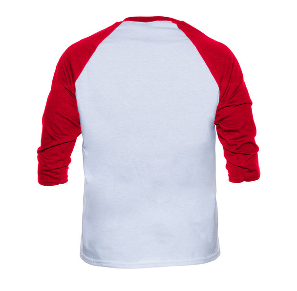 Blanco mouw Raglan t-shirt mock up sjablonen kleur wit / rood achteraanzicht op witte achtergrond - Foto, afbeelding