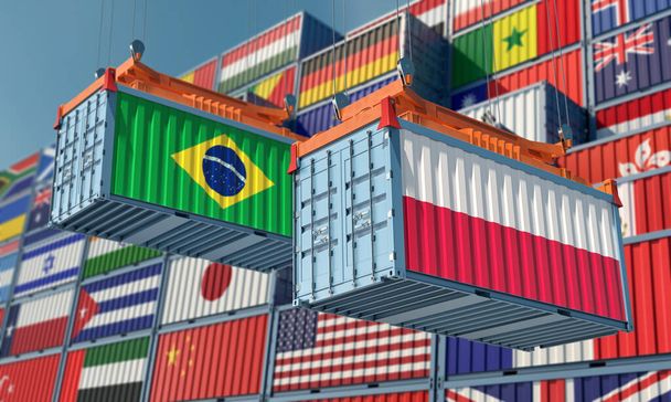 Freight containers with Brazil and Poland national flags. 3D Rendering  - Foto, imagen