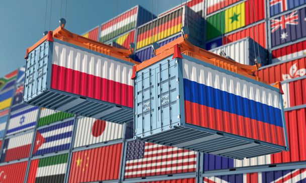 Freight containers with Russia and Poland national flags. 3D Rendering  - Valokuva, kuva