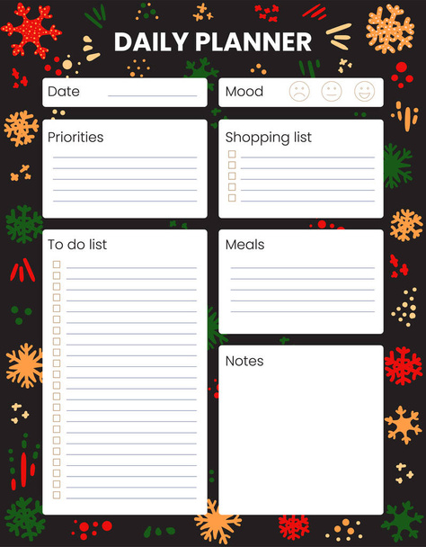 Winter background. Holidays, Christmas. Printable Daily planner, organizer. Hand-drawn notes, to do list. Time management planning sheets. Pre-made stationery organizers. Shopping, meals list, notes - Vector, Image