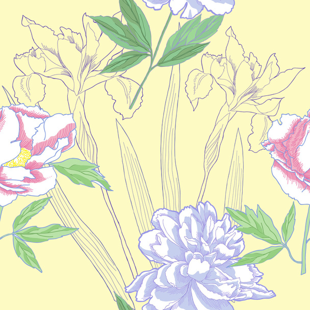 Seamless pattern  with iris and peonies - Вектор, зображення