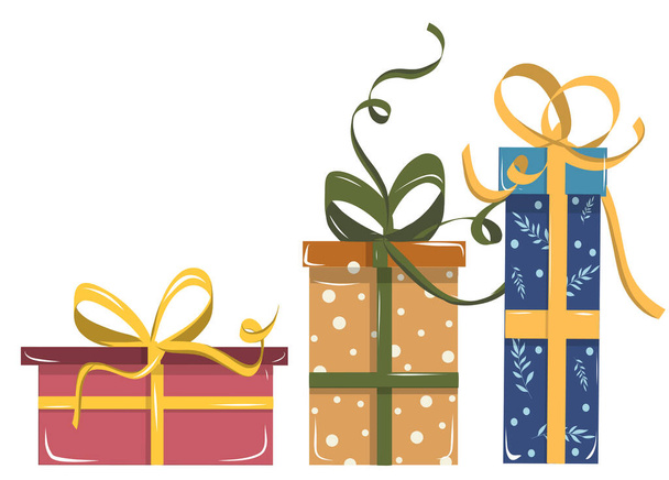 Geschenkset für den Weihnachtsbaum, Geschenke mit Bändern in verschiedenen Formen und Farben verpackt. Modernes flaches Vektorillustrationsset. - Vektor, Bild