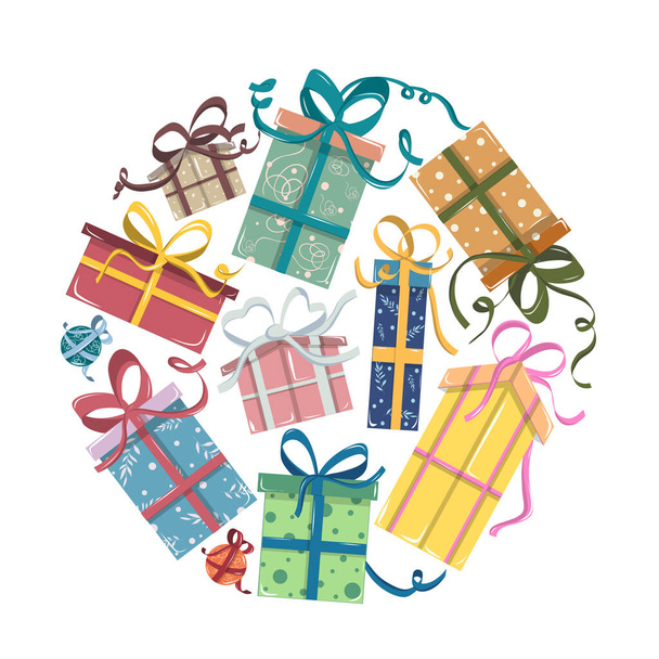 Ajándékkészlet karácsonyfára, ajándékok tele szalagokkal különböző formákban és színekben. Modern lapos vektor illusztrációs készlet. - Vektor, kép