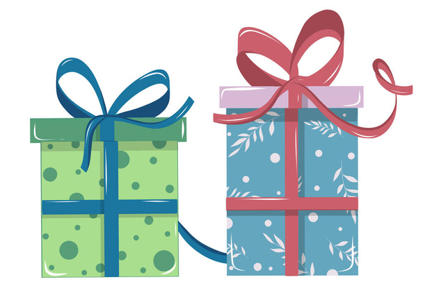 Ajándékkészlet karácsonyfára, ajándékok tele szalagokkal különböző formákban és színekben. Modern lapos vektor illusztrációs készlet. - Vektor, kép