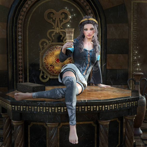 Femme fantastique qui attend dans une vieille salle de palais avec une potion d'amour - Photo, image