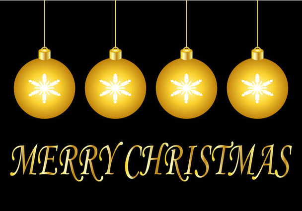 Christmas greeting with the text of Merry Christmas in gold letters with a row of four golden Christmas balls with a white snowflake on them and all on a black background - Vector, Image