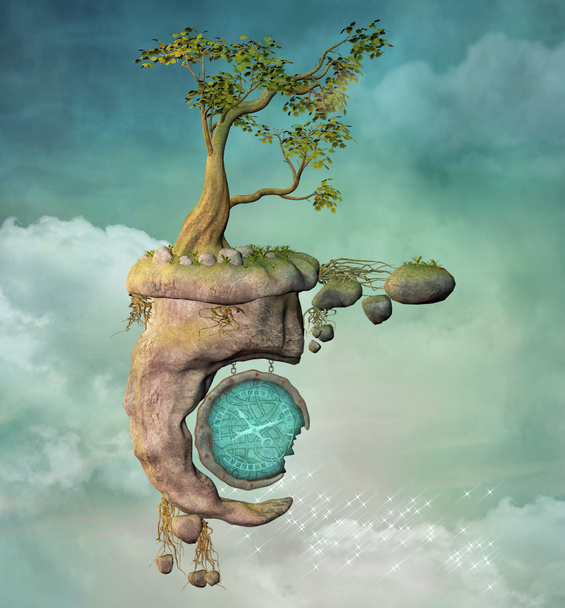 Surrealistinen saari kelluu pilvisellä taivaalla puun ja rikkinäisen kellon kanssa - Valokuva, kuva