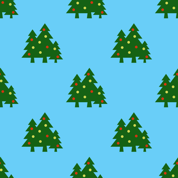 Бесшовный шаблон. Изображение зеленых елок с шариками на голубом фоне. Символ Нового года и Рождества. Шаблон для нанесения на поверхность. 3D изображение. 3d-рендеринг - Фото, изображение