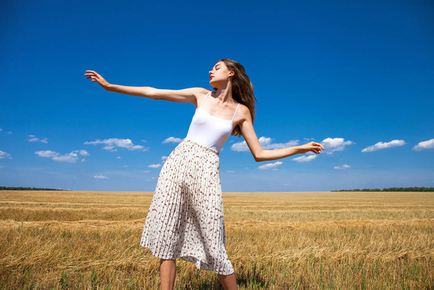 Young beautiful girl in the background of mown wheat field and blue sky - Foto, Imagen