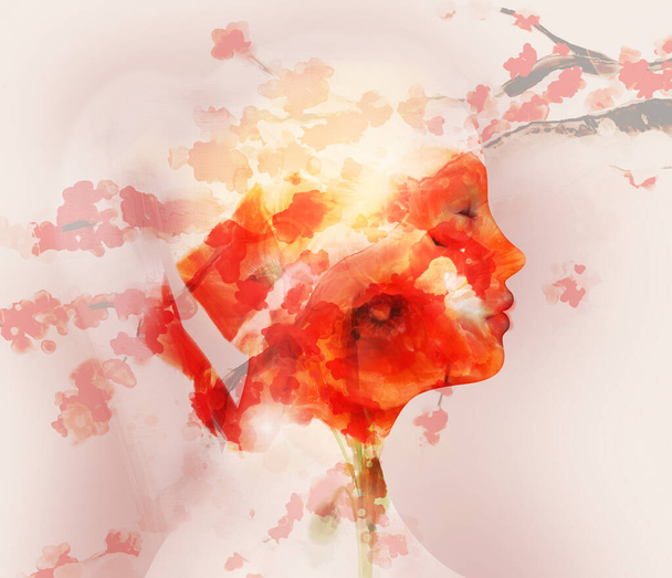 Double exposition portrait créatif d'une femme avec des coquelicots rouges et des fleurs de cerisier - Photo, image