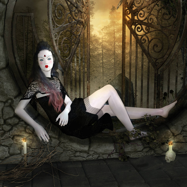 Enge vampier vrouw zittend bij een oude open poort - Foto, afbeelding