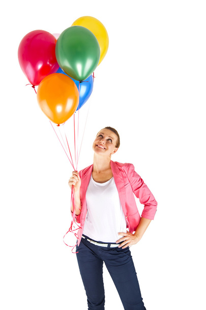 woman with balloons over white background smiling - Photo, image