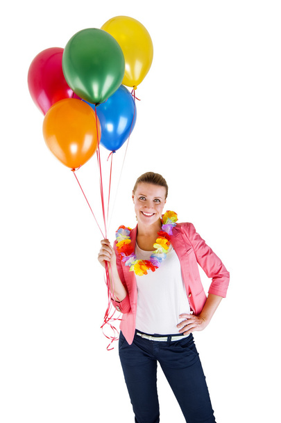 Nainen ilmapalloja yli valkoinen tausta hymyilevä
 - Valokuva, kuva