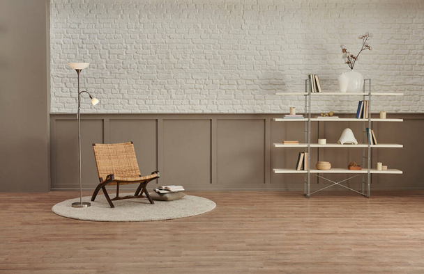 Witte baksteen en klassieke bruine muur achtergrond met boekenplank huis accessoire, stoel tapijt en lamp stijl, parket vloer. - Foto, afbeelding