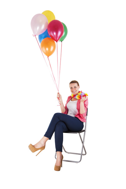 woman with balloons over white background smiling - Φωτογραφία, εικόνα