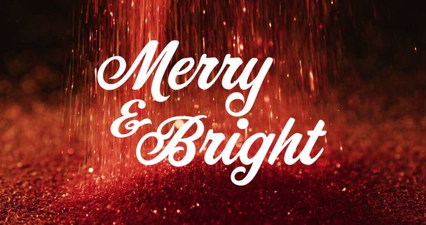 Image of merry and bright text over christmas red glitter. christmas, winter, tradition and celebration concept digitally generated image. - Fotografie, Obrázek