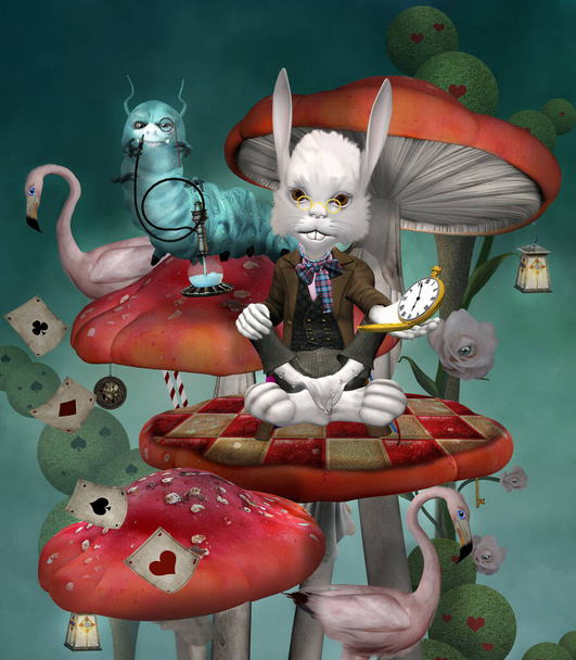 Wonderland white rabbit with its clock on a big red mushrooms with the smoking caterpillar and pink flamingos - Photo, Image