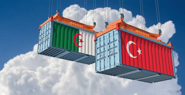 Algériai és törökországi nemzeti zászlókkal ellátott teherkonténerek. 3D Renderelés  - Fotó, kép
