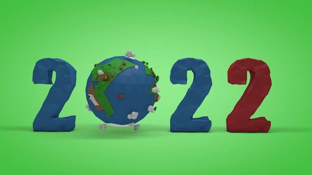 2022年の日付の3Dレンダリング。惑星地球の低ポリ組成。環境のために戦う、生態系の動きを開発するというアイデア. - 写真・画像