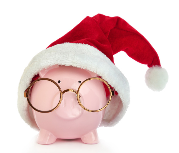 Banco Piggy com chapéu de Papai Noel e óculos
 - Foto, Imagem