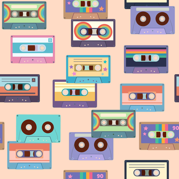 Seamless pattern with colorful cassette tapes. Retro trendy background for design and accessories. - Vecteur, image