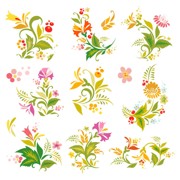 Векторный цветочный декоративный набор в винтажном стиле - Вектор,изображение