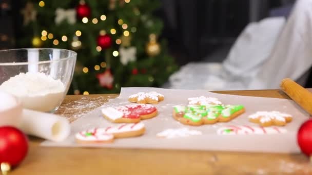 Adolescente menina assar biscoitos de gengibre de Natal em casa - Filmagem, Vídeo