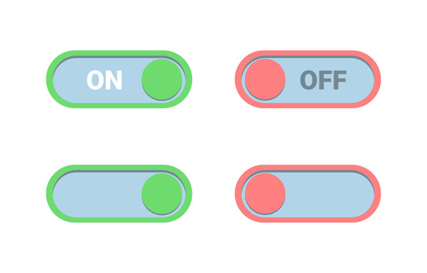 モバイルデバイスをオン/オフするためのボタンセット。緑と赤のボタン。オフに切り替えます。モバイルアプリインターフェース設計。白を基調としたベクトルイラスト - ベクター画像