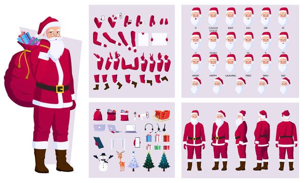 Christmas Santa Character Creation und Face Animation Set mit Hirschen, Schneemann, Baum, Geschenken, Schlitten und verschiedenen Aktionen Vektor-Datei - Vektor, Bild