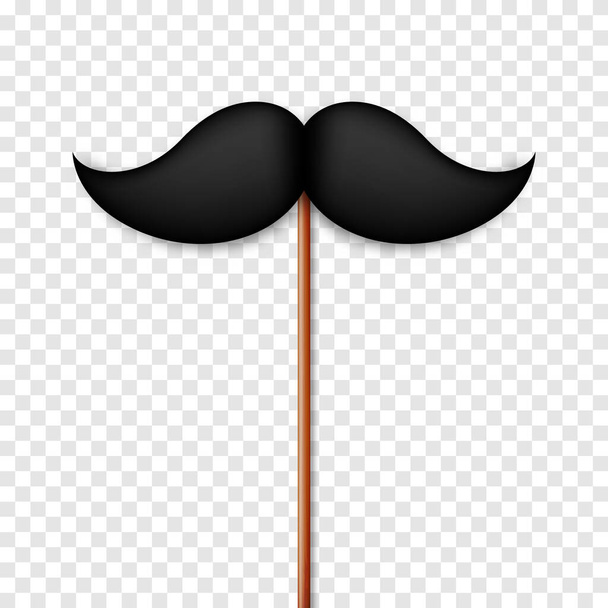 Realistic black mustache on a wooden stick. Fake paper mustache isolated on white background. Fashionable facial hair. Vintage design element. Creative vector illustration. - Vector, Image