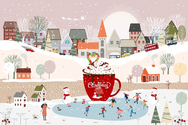 Зимний пейзаж страны чудес в городе с горячим шоколадом кружку украшения, счастливый ребенок играет на коньках в парке, ночной жизни Зимнего города на праздник, Рождество и Новый 2022 год фон - Вектор,изображение