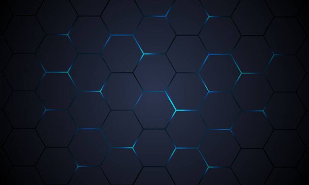 Tecnología hexagonal gris oscuro fondo abstracto con destellos de energía brillante azul bajo hexágono - Vector, imagen