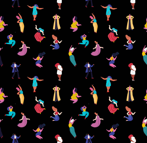 International Woman Day Endless Pattern Print.Feminism concept.Bright Beautiful Different Girls Women stand Together.Party,Celebration.Free Confident Women.Female Empowerment.Vector Flat Illustration - Vector, Image