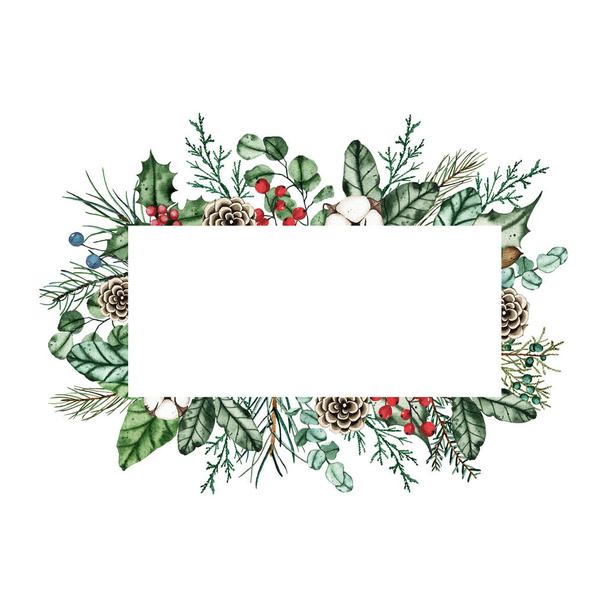 Cadre de Noël aquarelle avec branches de sapin, cône de pin, coton, feuilles - Photo, image