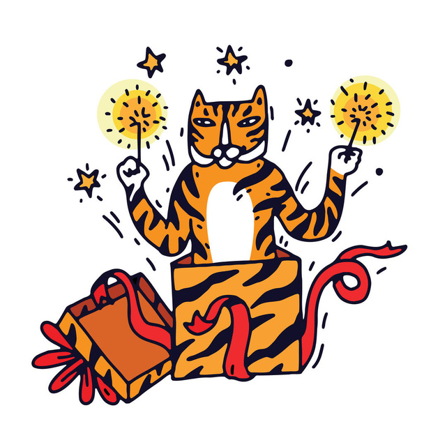 Tiger celebrate new year 2022. Cute hand drawn doodle tiger character in a gift box with sparklers fireworks in his paws. Vector illustration isolated on white background - Vector, Image