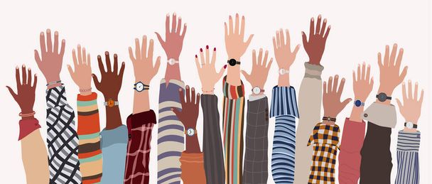 Grupo de brazos y manos levantados de colegas o amigos multiculturales.Colaboración entre el trabajo en equipo o la comunidad de personas multiétnicas.Concepto de apoyo a la inversión o a la financiación de startups - Vector, imagen