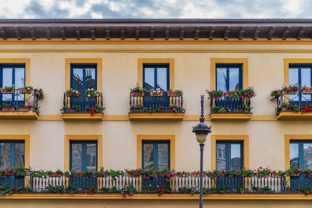 Building with colorful plants on the balconies in the city of Leon in Spain  - Фото, изображение