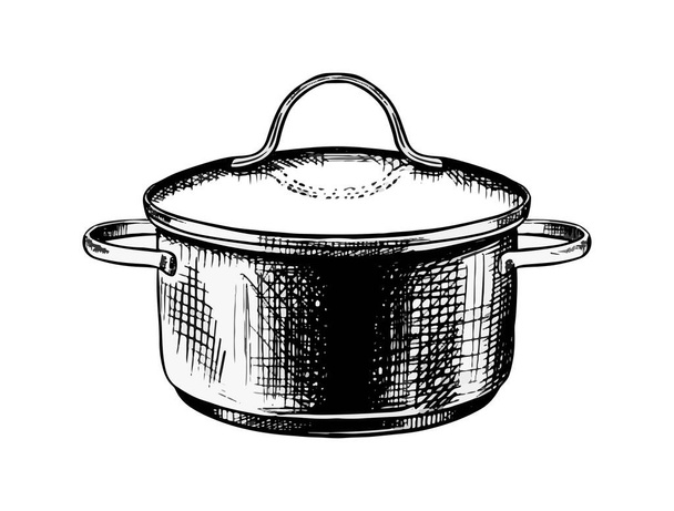 Vector hand drawn icon. Metal pot with lid. Isolated on white background. - Vector, afbeelding
