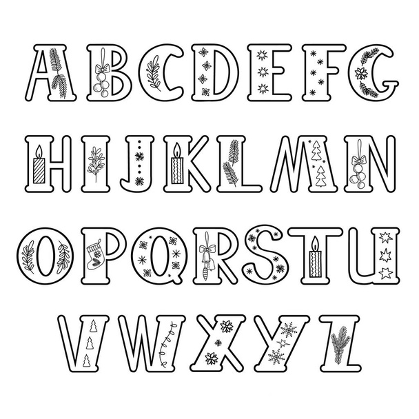 Nagy kézzel rajzolt fekete betűk angol ábécé díszített karácsonyi firka stílusú vázlat vektor illusztráció, kalligráfiai abc, aranyos vicces kézírás, kontúr bélelt művészet és betűk - Vektor, kép
