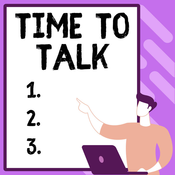 Handschriftliches Zeichen Time To Talk. Business-Schaufenster, um mit der Person gründlich zu diskutieren oder Informationen zu vermitteln Erstellen eines neuen Computergestützten Ablagesystems, Ausfüllen von Online-Dokumentationen - Foto, Bild