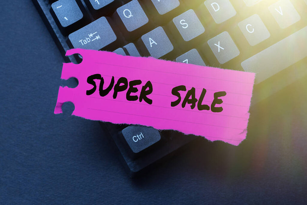 Text sign showing Super Sale. Business overview offering exceptional discounts on selected products and services Typing Advance Lesson And Lecture Plans, Typewriting New Article Pages - Photo, Image