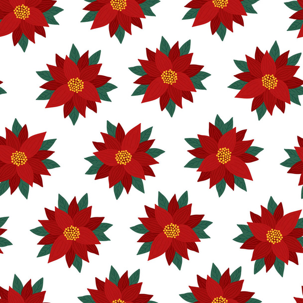 Red poinsettia flower seamless pattern, traditional winter holidays plant vector illustration, Merry Christmas and Happy New Year seasonal festive decor - Vector, Image