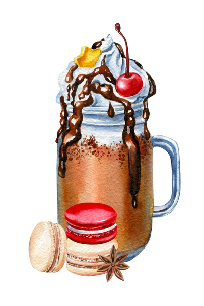 Bonbons, macarons et cacao. Illustrations aquarelle, cocktail - Photo, image