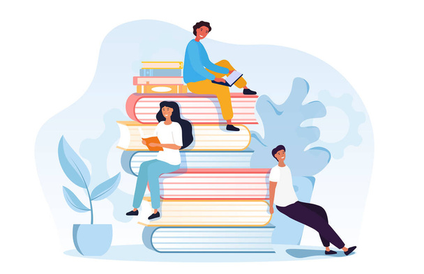 Young women are studying together with stack of books - Vector, Image