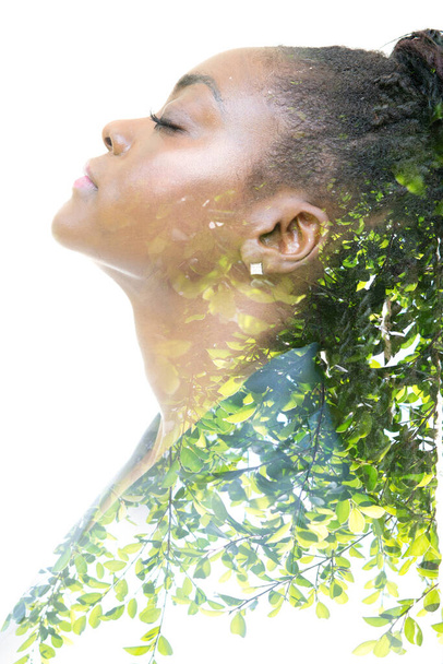 A profile portrait of a woman combined with an image of nature. Double exposure. - Photo, image