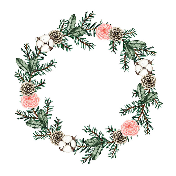 モミの枝、松のコーン、綿と水彩ラウンドクリスマスフレーム - 写真・画像