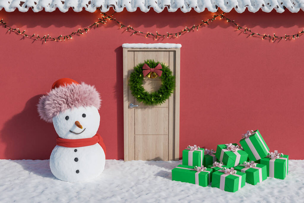 façade avec décoration de Noël, bonhomme de neige et cadeaux empilés. scène enneigée. Rendu 3d - Photo, image
